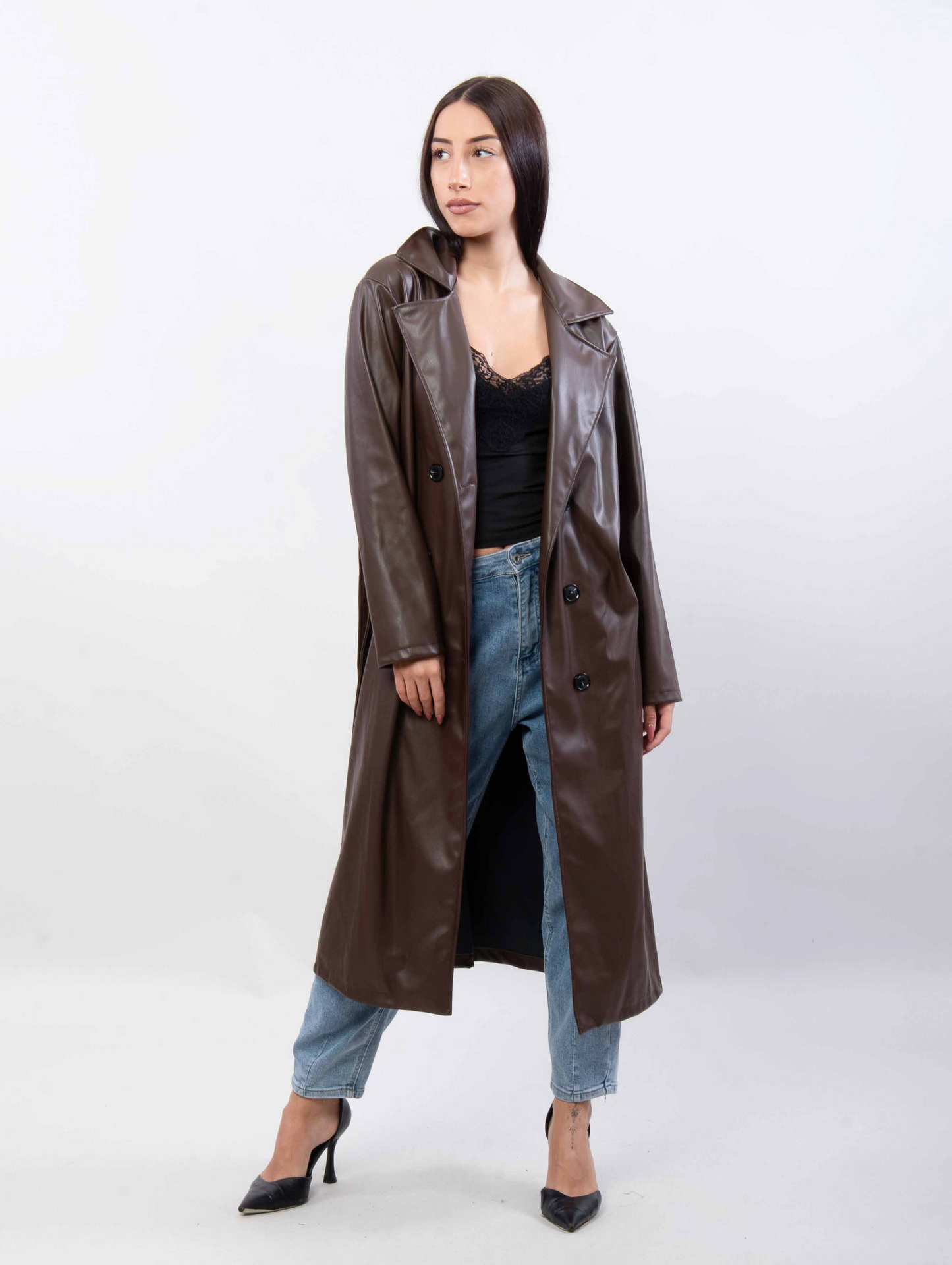 Faux leren trenchcoat met band ssae 546777