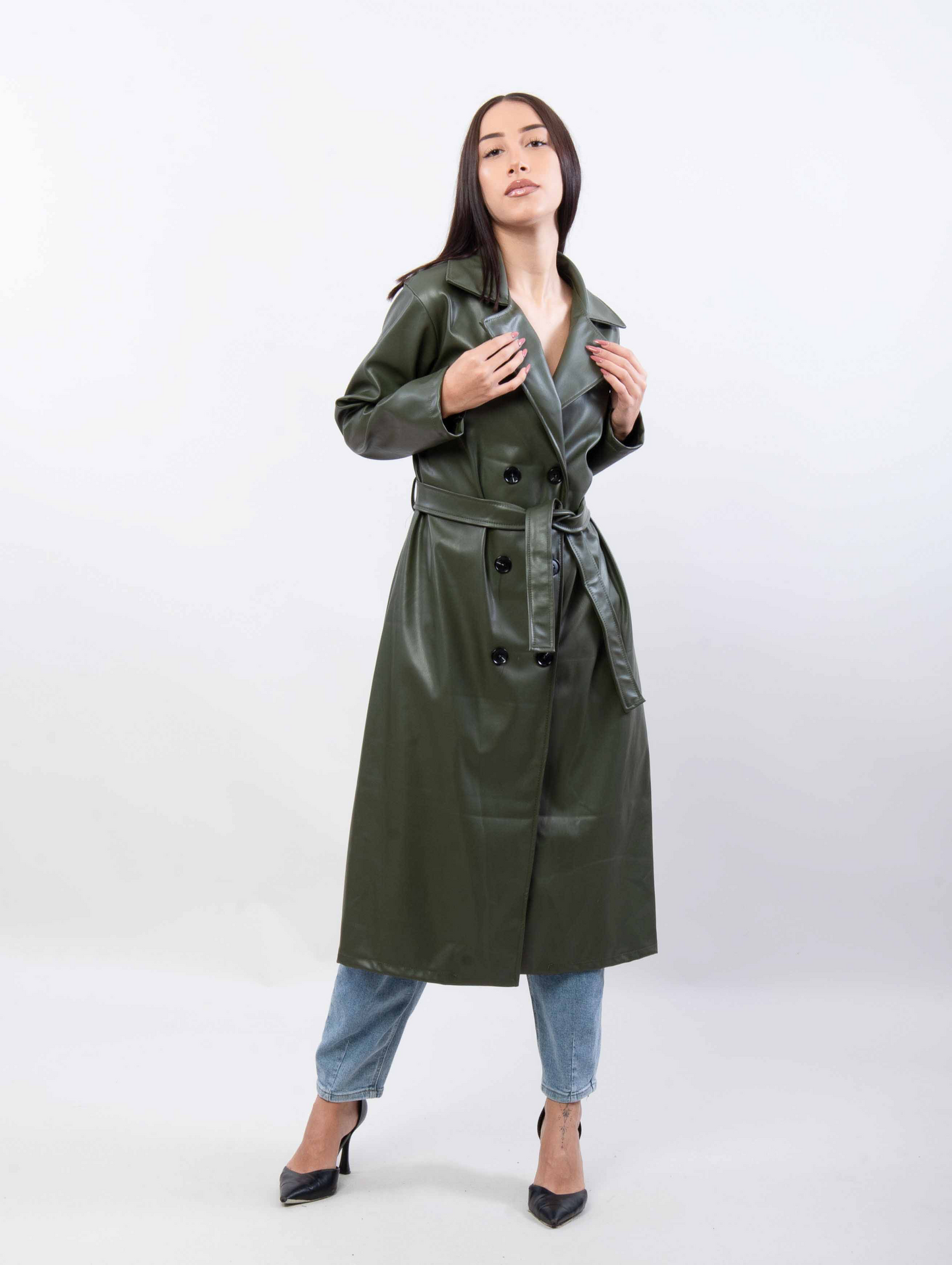 Faux leren trenchcoat met band ssae 546777