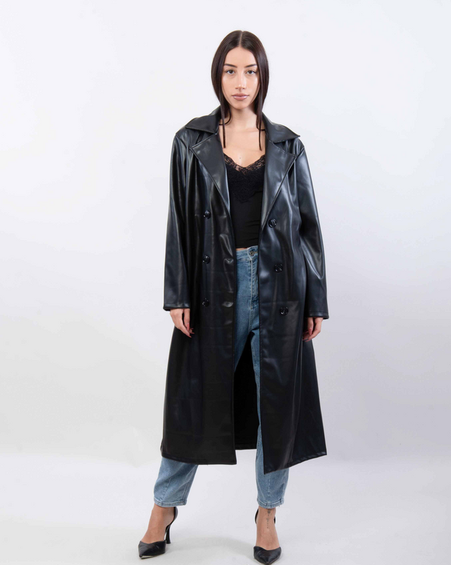Faux leren trenchcoat met band ssae 546777