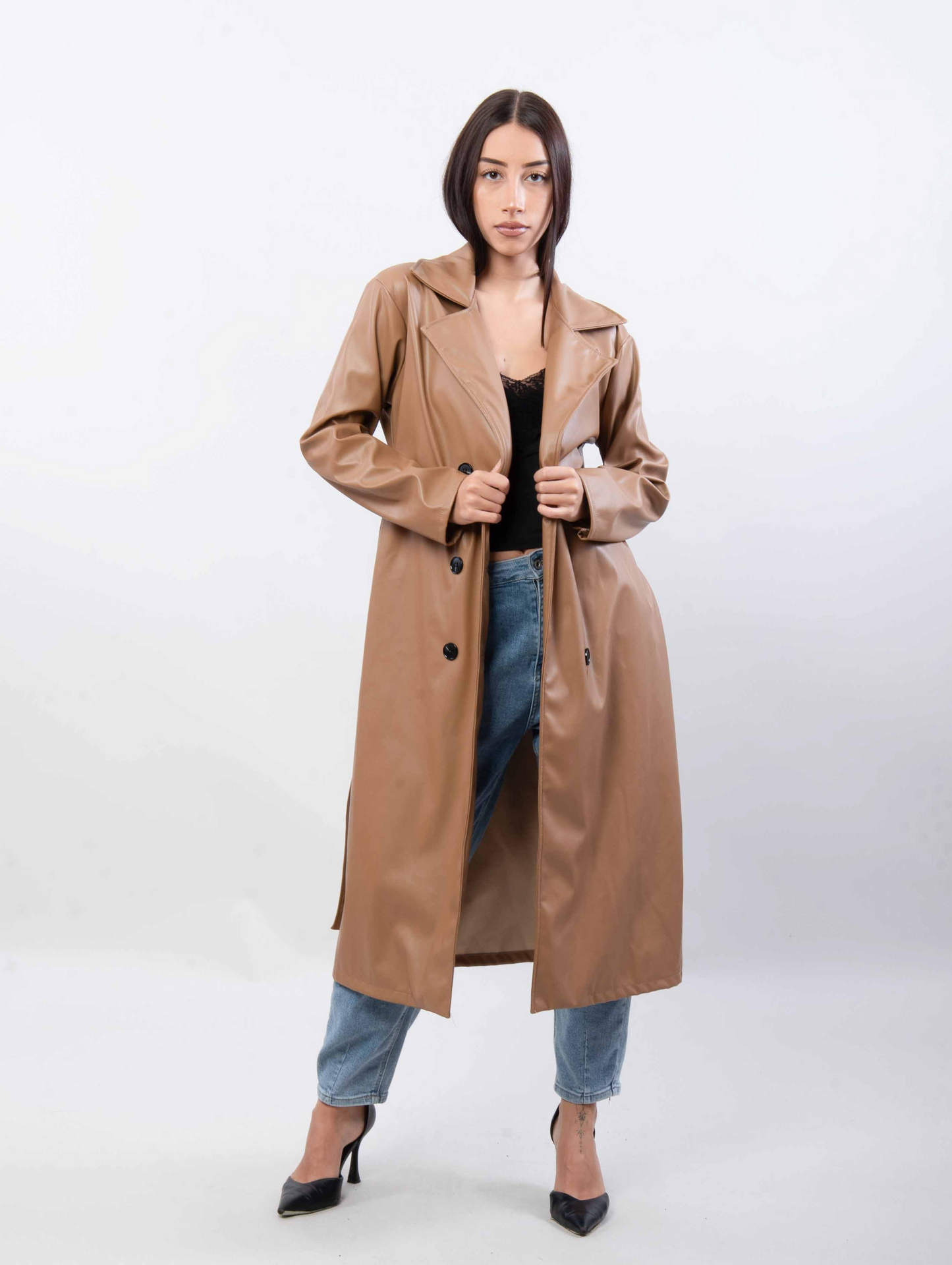 Faux leren trenchcoat met band ssae 546777