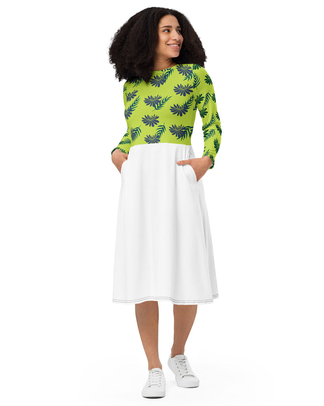 All-over print long sleeve midi dress