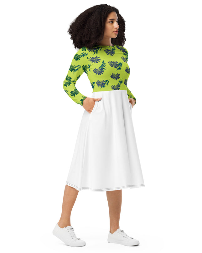 All-over print long sleeve midi dress